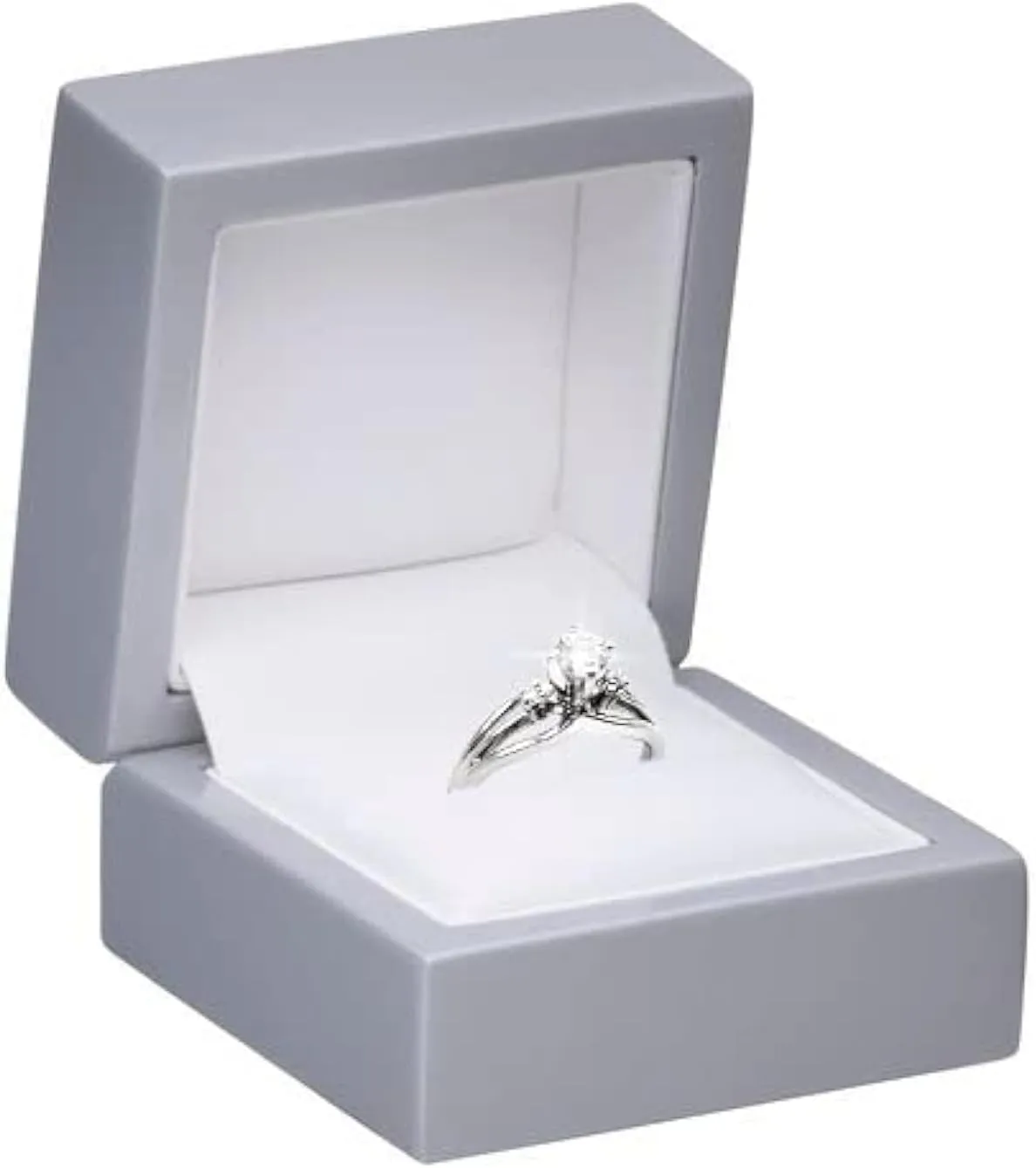 Allure - Wooden Ring Box - Silver Wood Jewelry Gift box, With High Polish Lacquered Gloss Finish And Cream Colored Leather Interior, For Unique Proposal, Engagement Or Wedding.