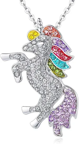 ALoveSoul Silver Tone Little Princess Rainbow Unicorn Pendant Girl Ladies Fashion Necklace Gift for Women