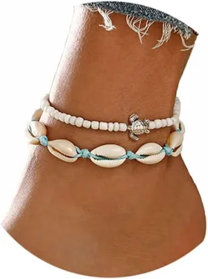 Aluinn Boho Turtle Layered Shell Anklet Set Silver Ankle Bracelets Beaded Foot Chain Beach Foot Jewelry Accessories for Women summer gifts