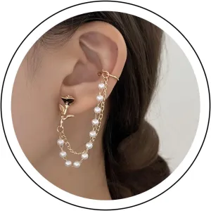 Andelaisi Boho Pearl Tassel Chain Earrings Gold Cartilage Chain Earring Vintage Pearl Chain Crawler Climber Earrings Long Pearl Tassel Cartilage Wrap Earring Jewelry for Women