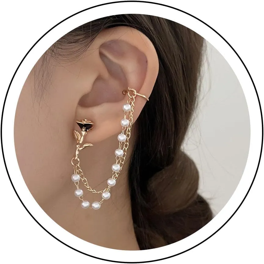 Andelaisi Boho Pearl Tassel Chain Earrings Gold Cartilage Chain Earring Vintage Pearl Chain Crawler Climber Earrings Long Pearl Tassel Cartilage Wrap Earring Jewelry for Women