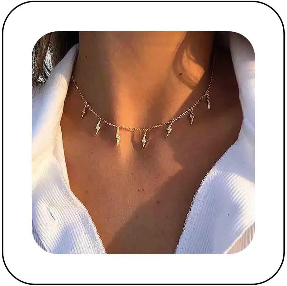 Andelaisi Punk Thunder Choker Necklace Gold Lightning Bolt Star Station Necklace Thunderbolt Clavicle Chain Jewelry for Women