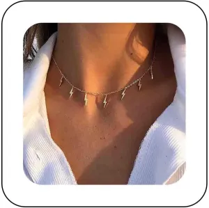 Andelaisi Punk Thunder Choker Necklace Gold Lightning Bolt Star Station Necklace Thunderbolt Clavicle Chain Jewelry for Women