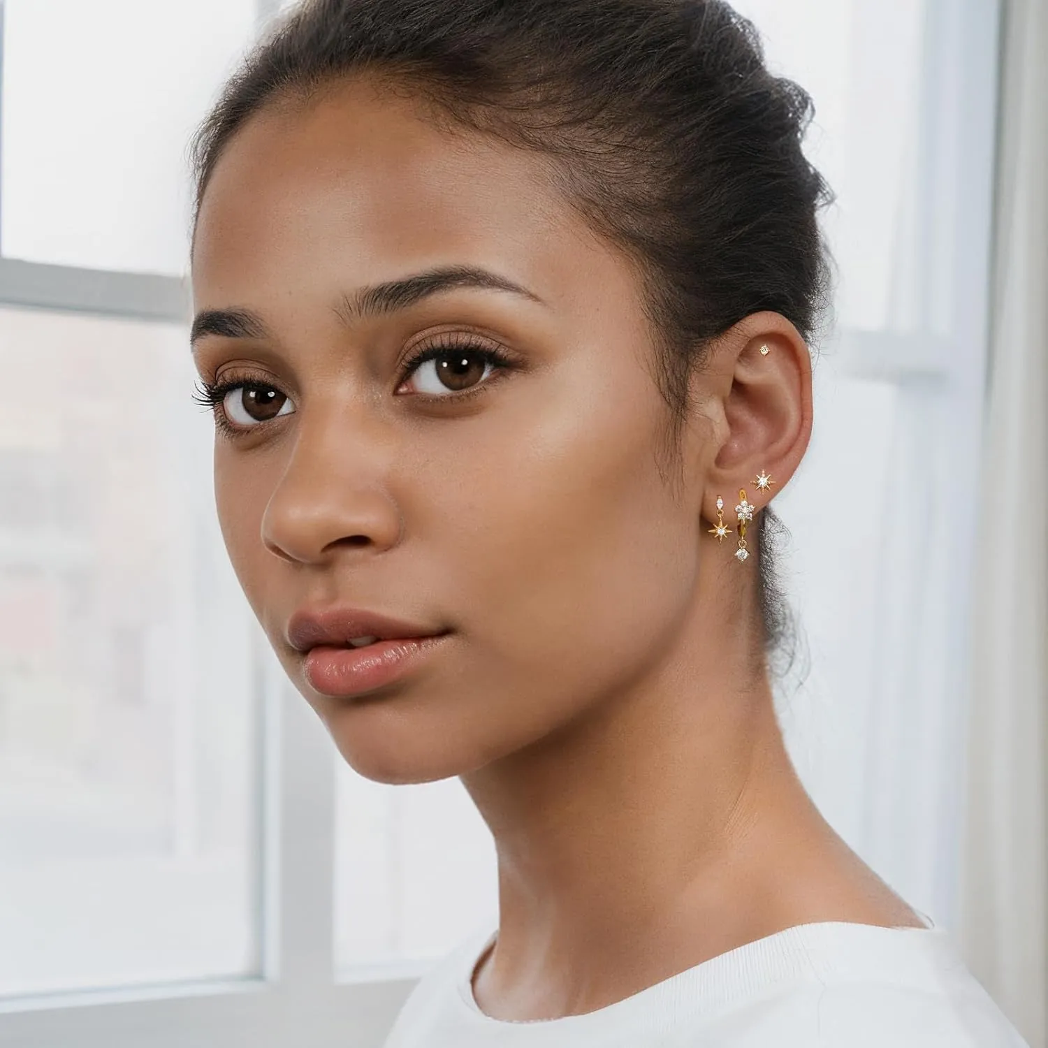 Angelady 14K Gold Plated Earring Sets for Women, Dainty Star Stud Earrings for Multiple Piercing, Trendy Hypoallergenic Huggie Hoop Earrings, Cartilage Dangle Earring Stacks Jewelry Gifts