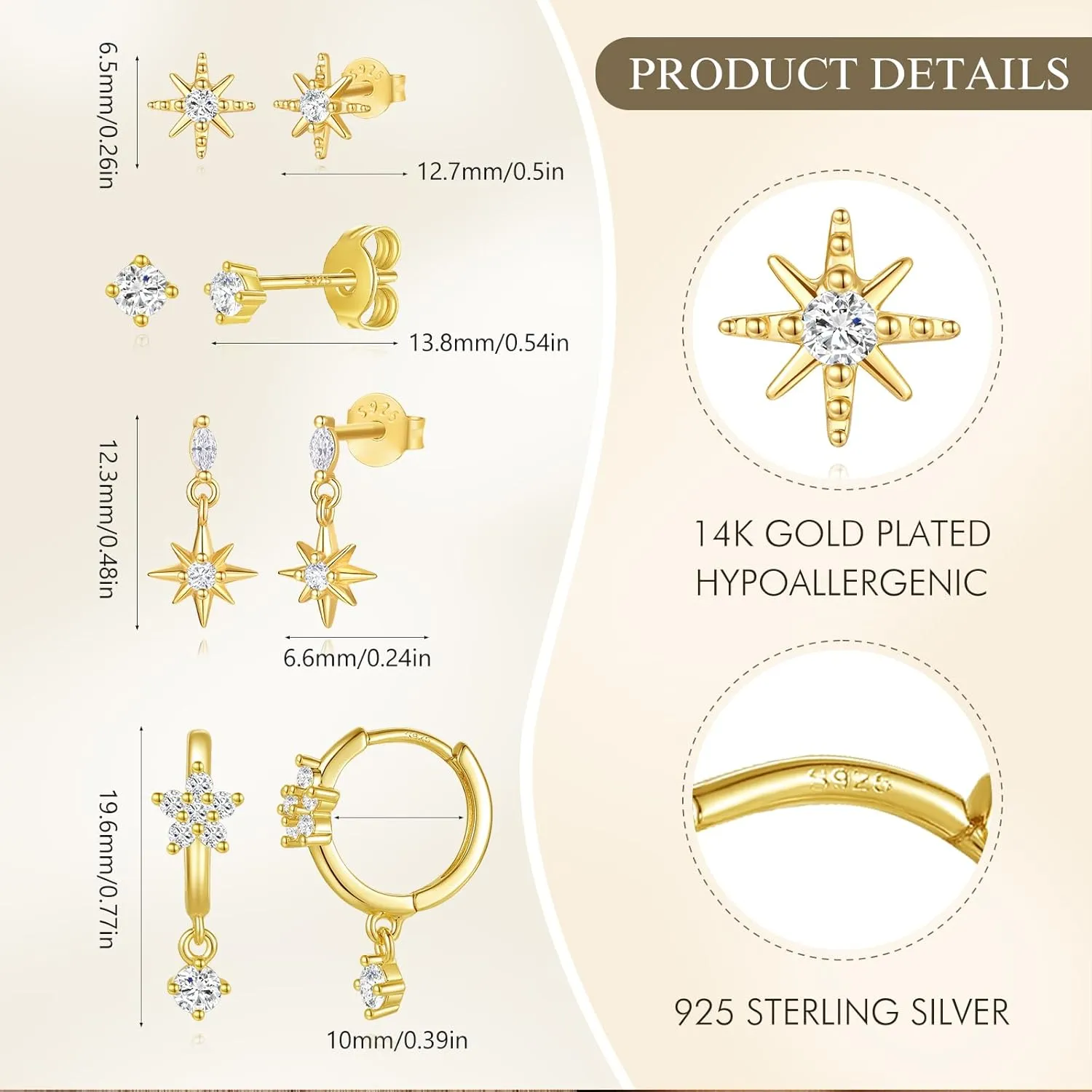Angelady 14K Gold Plated Earring Sets for Women, Dainty Star Stud Earrings for Multiple Piercing, Trendy Hypoallergenic Huggie Hoop Earrings, Cartilage Dangle Earring Stacks Jewelry Gifts