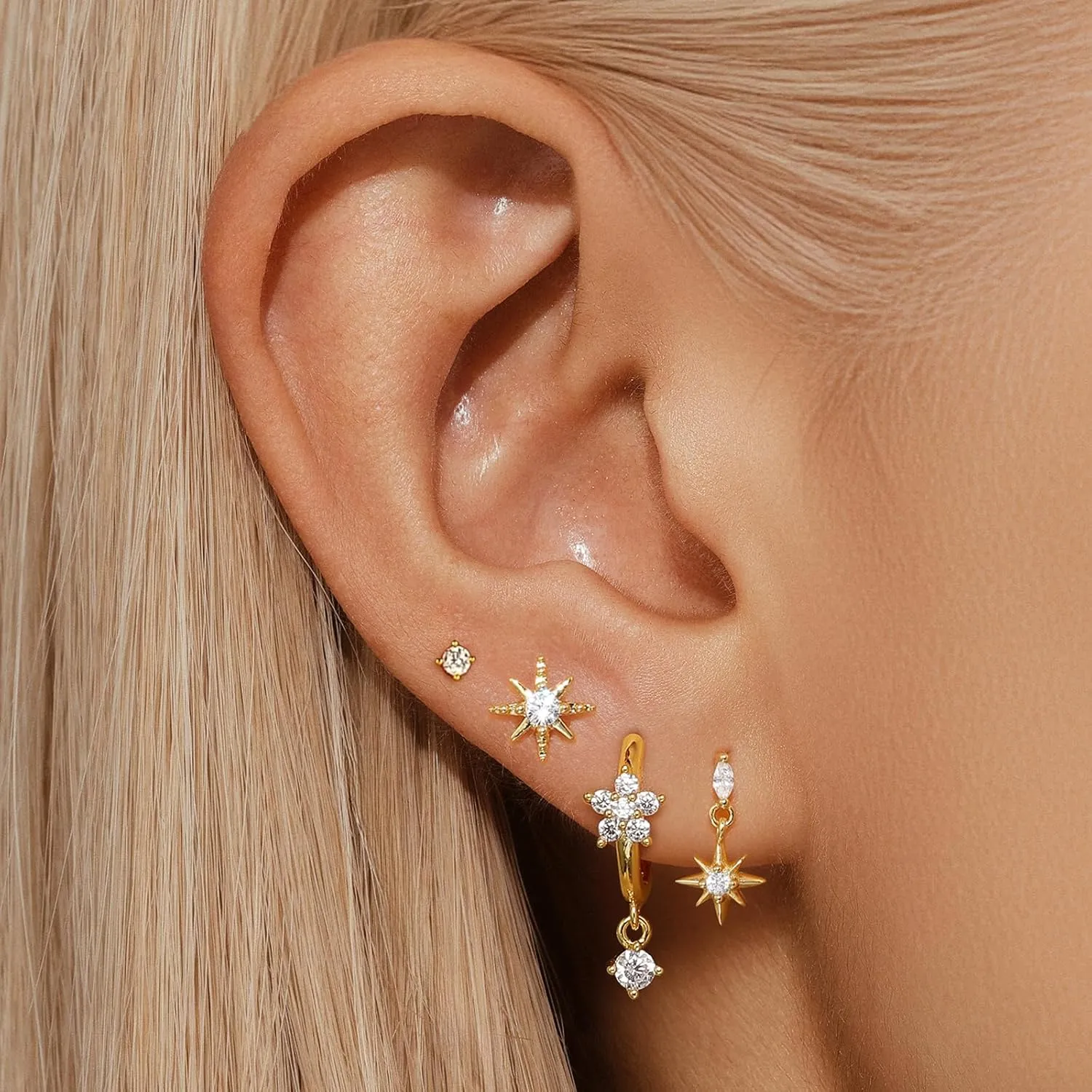Angelady 14K Gold Plated Earring Sets for Women, Dainty Star Stud Earrings for Multiple Piercing, Trendy Hypoallergenic Huggie Hoop Earrings, Cartilage Dangle Earring Stacks Jewelry Gifts