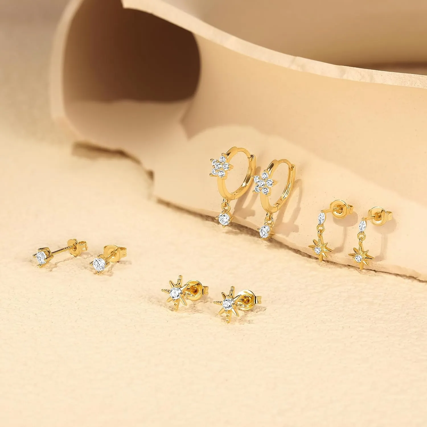 Angelady 14K Gold Plated Earring Sets for Women, Dainty Star Stud Earrings for Multiple Piercing, Trendy Hypoallergenic Huggie Hoop Earrings, Cartilage Dangle Earring Stacks Jewelry Gifts