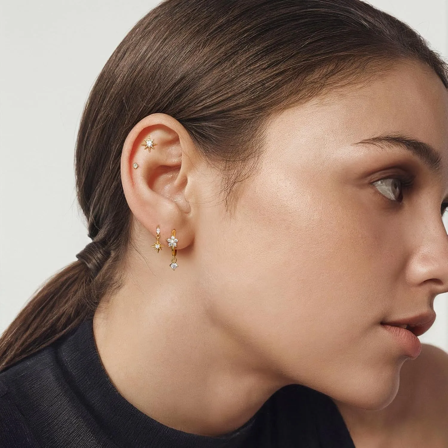 Angelady 14K Gold Plated Earring Sets for Women, Dainty Star Stud Earrings for Multiple Piercing, Trendy Hypoallergenic Huggie Hoop Earrings, Cartilage Dangle Earring Stacks Jewelry Gifts
