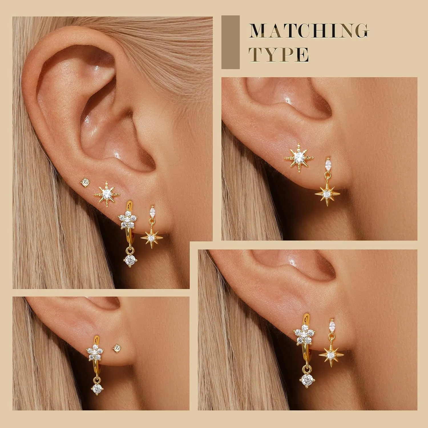 Angelady 14K Gold Plated Earring Sets for Women, Dainty Star Stud Earrings for Multiple Piercing, Trendy Hypoallergenic Huggie Hoop Earrings, Cartilage Dangle Earring Stacks Jewelry Gifts