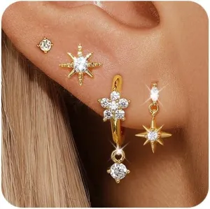 Angelady 14K Gold Plated Earring Sets for Women, Dainty Star Stud Earrings for Multiple Piercing, Trendy Hypoallergenic Huggie Hoop Earrings, Cartilage Dangle Earring Stacks Jewelry Gifts