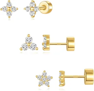 Angelady Flat Back Earrings Set for Women, 14K Gold Plated Opal Earrings for Women, Hypoallergenic Flat Back Studs Earring, Cartilage Stud Earring Helix Jewelry Gifts for Her