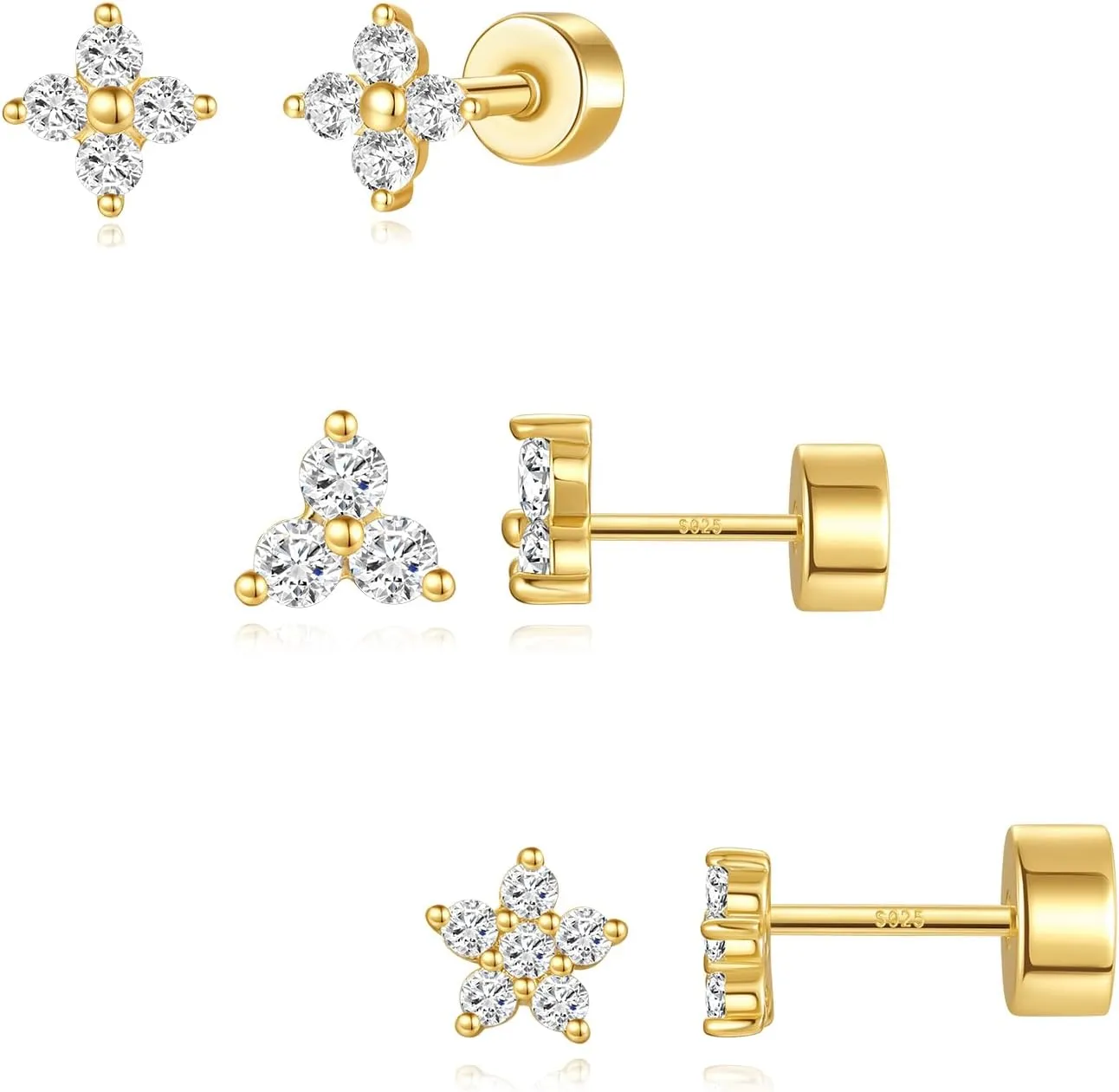 Angelady Flat Back Earrings Set for Women, 14K Gold Plated Opal Earrings for Women, Hypoallergenic Flat Back Studs Earring, Cartilage Stud Earring Helix Jewelry Gifts for Her