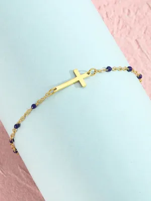 Angyape Cross Bracelet for Women, Trendy Simple Blue Beads Cross Dangle Bracelet Unique Gold Plated Adjustable Religious Bracelet for Teen Girls Jewelry Gifts