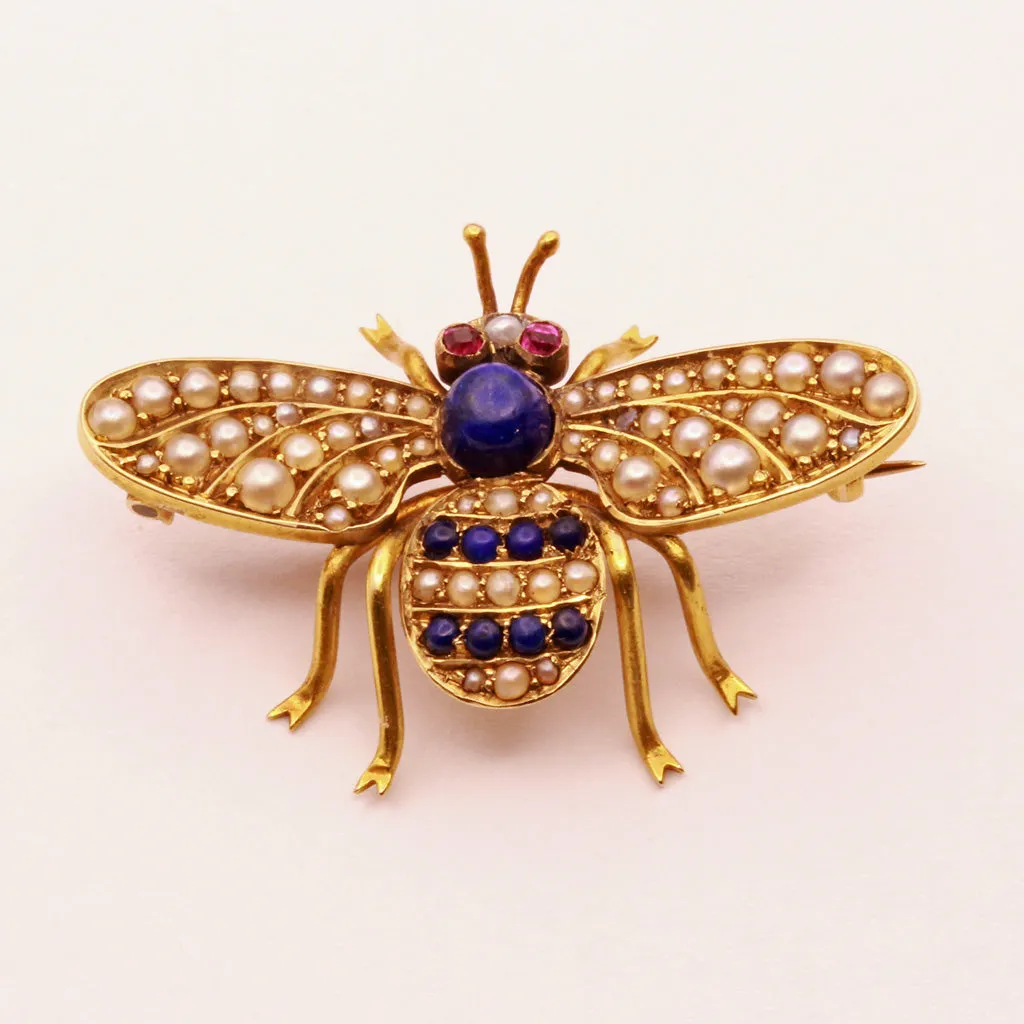 Antique Victorian Brooch Bee Gold lapis lazuli pearls rubies bee Unisex (7366)