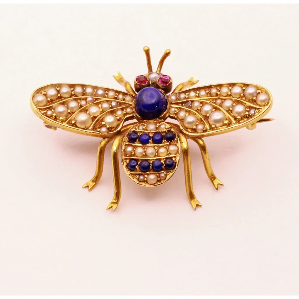 Antique Victorian Brooch Bee Gold lapis lazuli pearls rubies bee Unisex (7366)