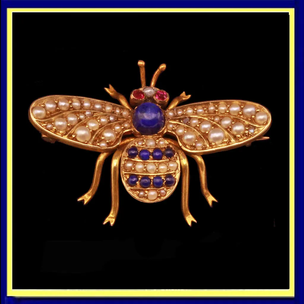 Antique Victorian Brooch Bee Gold lapis lazuli pearls rubies bee Unisex (7366)