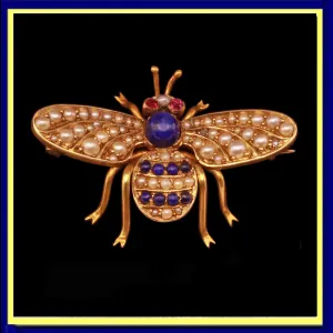Antique Victorian Brooch Bee Gold lapis lazuli pearls rubies bee Unisex (7366)