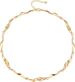 Aobei Pearl 18K Gold Bar Choker Irregular Wavy Bars Splicing Necklace for Women Dainty Chain Layering Jewelry 16