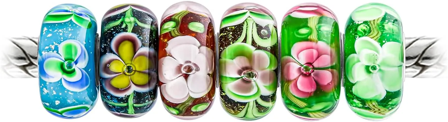 Assorted Mixed Set Of 6 Bundle Translucent Shades Of Floral Red Pink Blue Yellow Flower Rose Murano Glass Charm Bead .925 Sterling Silver Core Fits European Bracelet For Women Teen