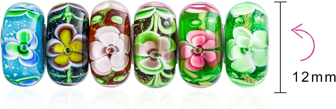 Assorted Mixed Set Of 6 Bundle Translucent Shades Of Floral Red Pink Blue Yellow Flower Rose Murano Glass Charm Bead .925 Sterling Silver Core Fits European Bracelet For Women Teen