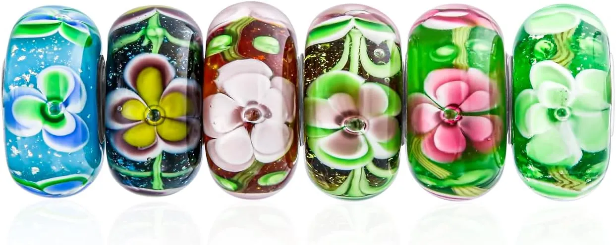 Assorted Mixed Set Of 6 Bundle Translucent Shades Of Floral Red Pink Blue Yellow Flower Rose Murano Glass Charm Bead .925 Sterling Silver Core Fits European Bracelet For Women Teen
