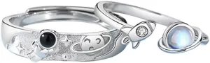 Astronaut Couple Matching Rings for Women Men Promise Engagement Wedding Dainty Space Planet Star Crystal Open Adjustable Ring Sterling Silver Plated Valentine's Day Holiday Endless Love Jewelry Gift