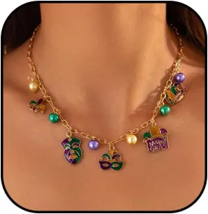 Atiptu Mardi Gras Necklace for Women Colorful Carnival Charms Necklace Crown Mask Hat Pendant Necklace Mardi Gras Holiday Jewelry Carnival Parade Party Jewelry