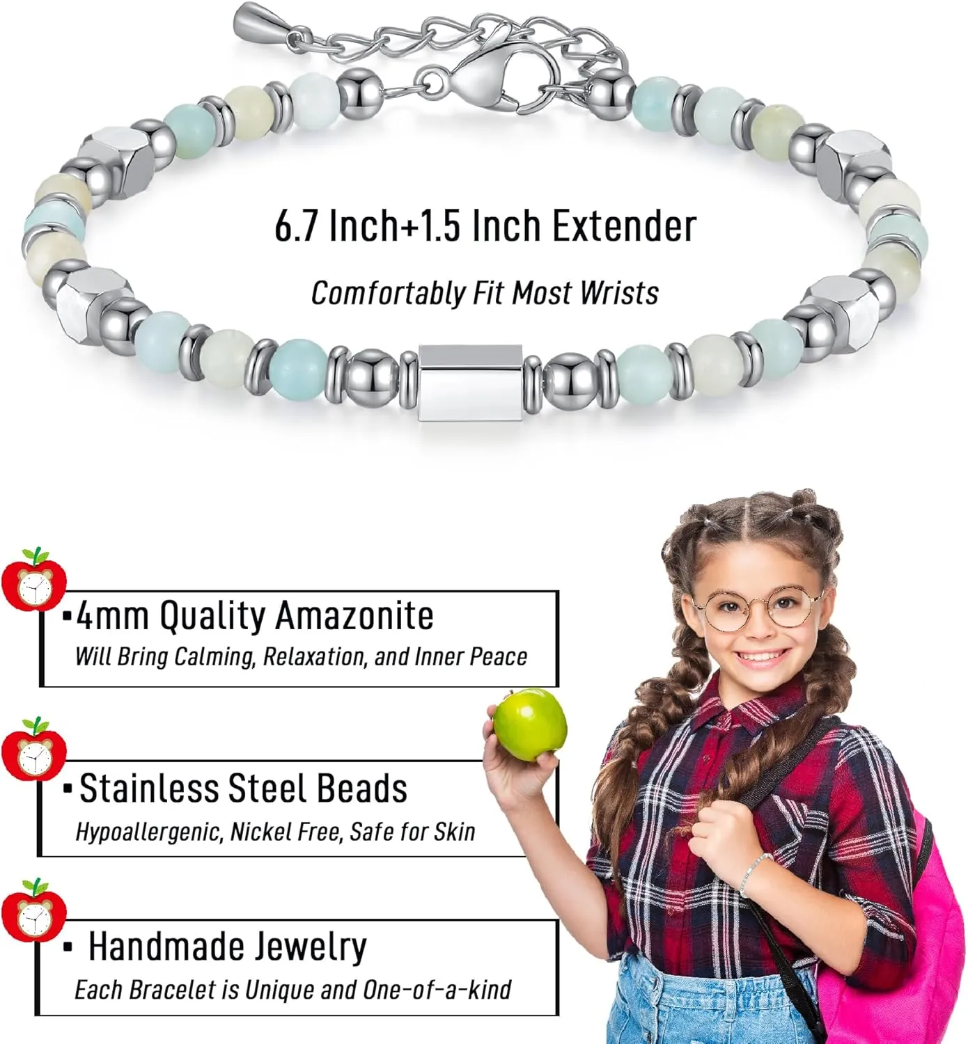 Back to School Gifts, Tiny Natural Stone First Day of School Back to School Bracelet Gifts for Girls Students Daughter Granddaughter Niece Sister Friend