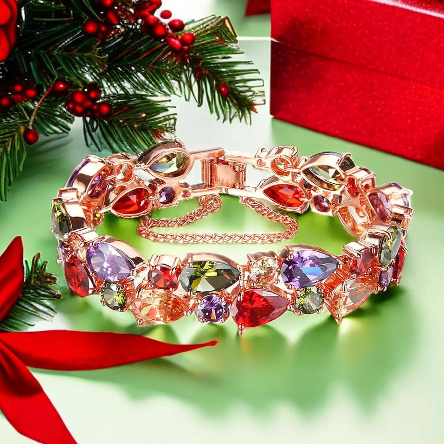 Bangle Bracelets for Women,Created Garnet Amethyst Peridot Morganite Gemstone Necklace Earrings Ring Bracelets Rose Gold Plated,Jewelry Sets Mother's Day Gifts