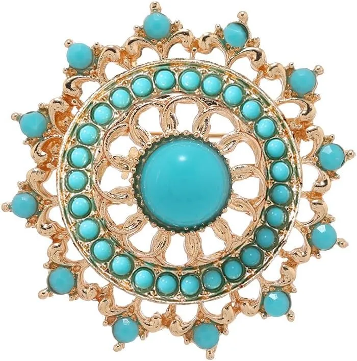 Baroque Turquoise Bead Brooch Pin for Women Men Gold Tone Fashion Blue Birthstone Geometric Filigree Brooches Lapel Pins Dainty Dress Accessories Birthday Anniversary Jewelry Gift