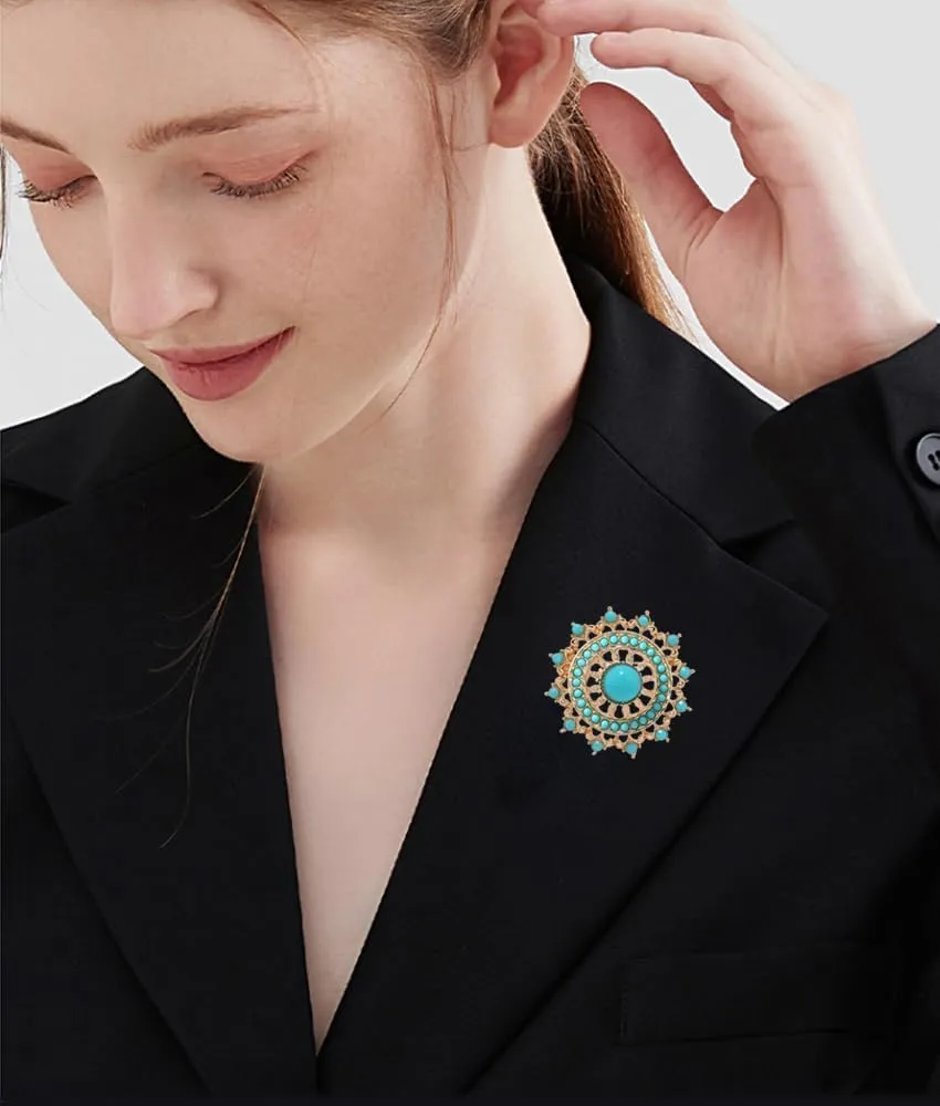 Baroque Turquoise Bead Brooch Pin for Women Men Gold Tone Fashion Blue Birthstone Geometric Filigree Brooches Lapel Pins Dainty Dress Accessories Birthday Anniversary Jewelry Gift