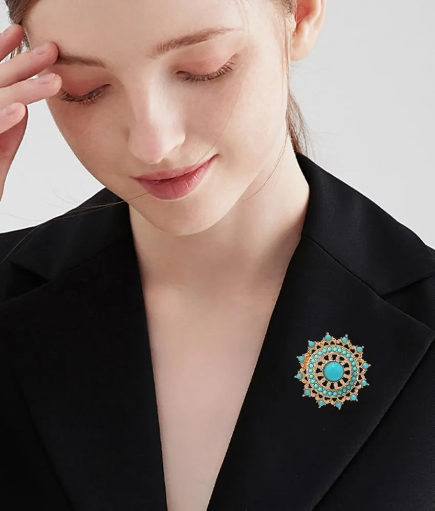 Baroque Turquoise Bead Brooch Pin for Women Men Gold Tone Fashion Blue Birthstone Geometric Filigree Brooches Lapel Pins Dainty Dress Accessories Birthday Anniversary Jewelry Gift