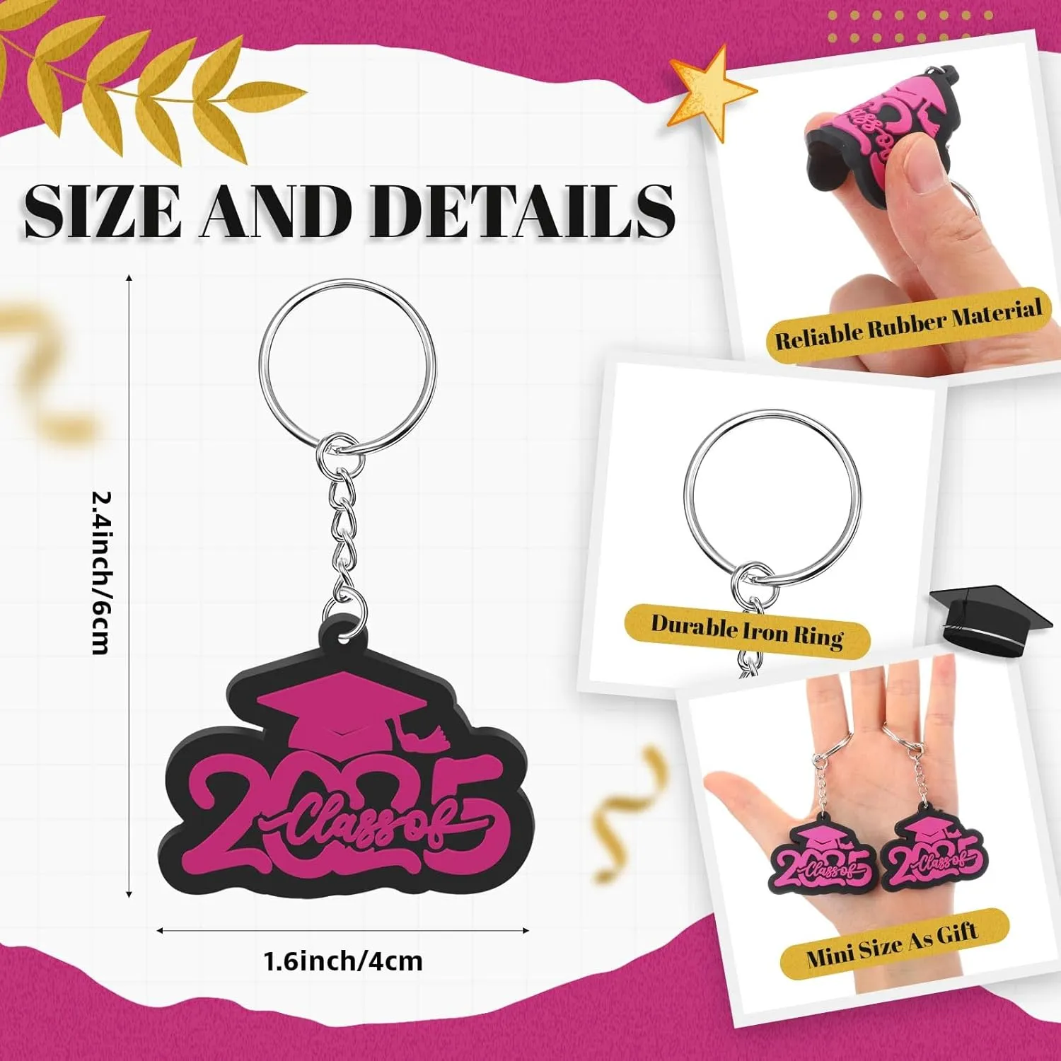Batiyeer 30 Pack Class of 2025 Graduation Keychains, Grad Cap Charms Rubber Key Chains Graduation Gifts
