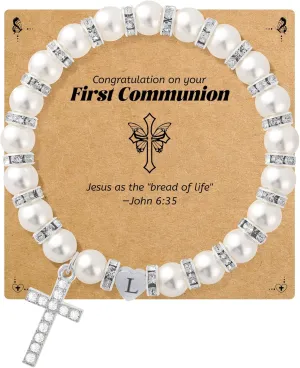 BAYLAY First Communion Gifts for Girls, Cross Bracelet Pearl Letter A-Z Initial Bracelet First Communion Bracelets 1ST Holy Communion Gifts for Girl Catholic