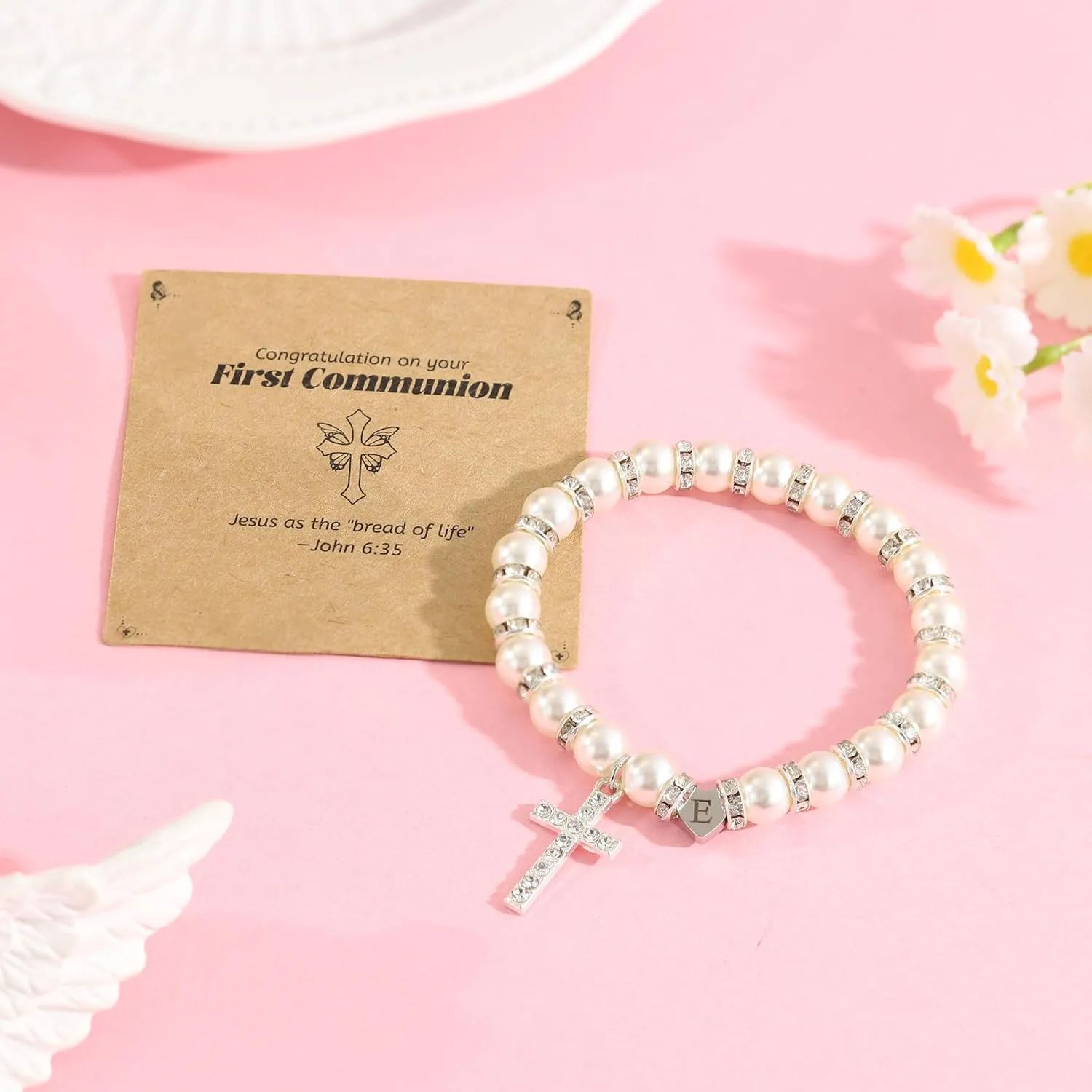 BAYLAY First Communion Gifts for Girls, Cross Bracelet Pearl Letter A-Z Initial Bracelet First Communion Bracelets 1ST Holy Communion Gifts for Girl Catholic