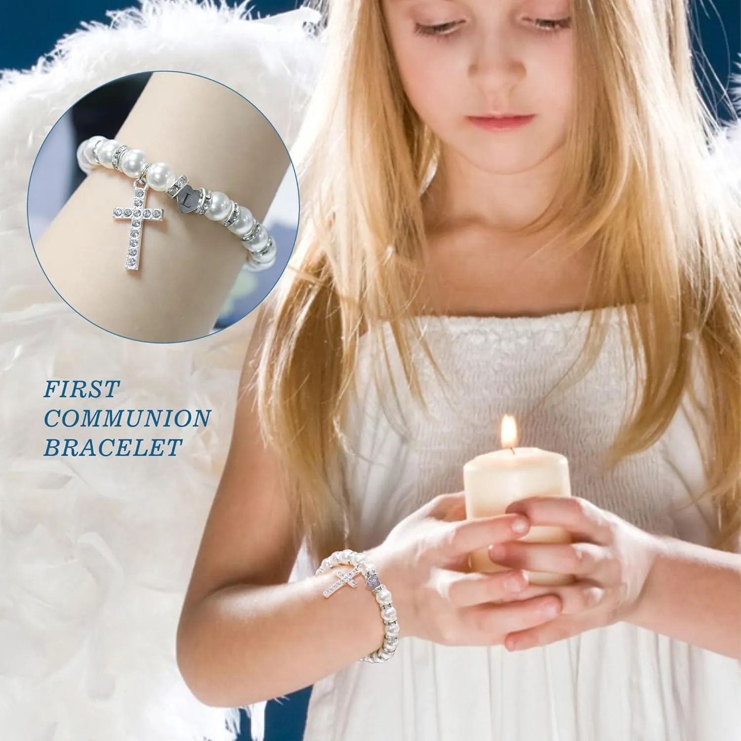 BAYLAY First Communion Gifts for Girls, Cross Bracelet Pearl Letter A-Z Initial Bracelet First Communion Bracelets 1ST Holy Communion Gifts for Girl Catholic