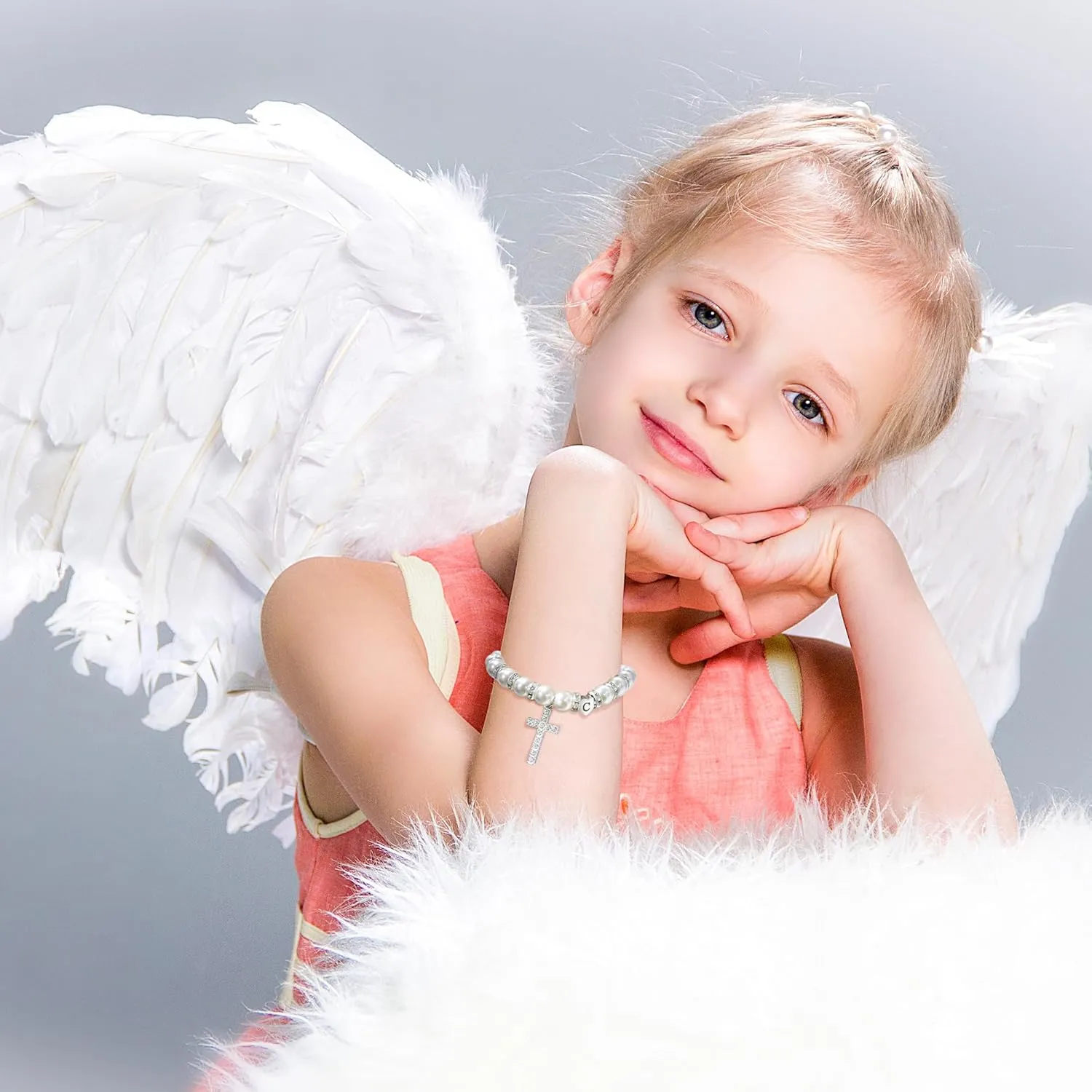 BAYLAY First Communion Gifts for Girls, Cross Bracelet Pearl Letter A-Z Initial Bracelet First Communion Bracelets 1ST Holy Communion Gifts for Girl Catholic