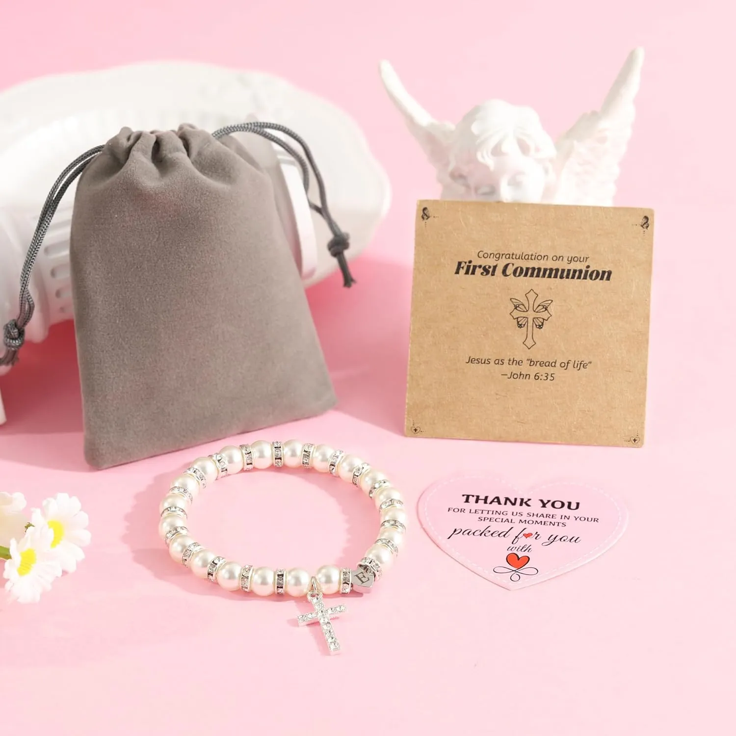 BAYLAY First Communion Gifts for Girls, Cross Bracelet Pearl Letter A-Z Initial Bracelet First Communion Bracelets 1ST Holy Communion Gifts for Girl Catholic