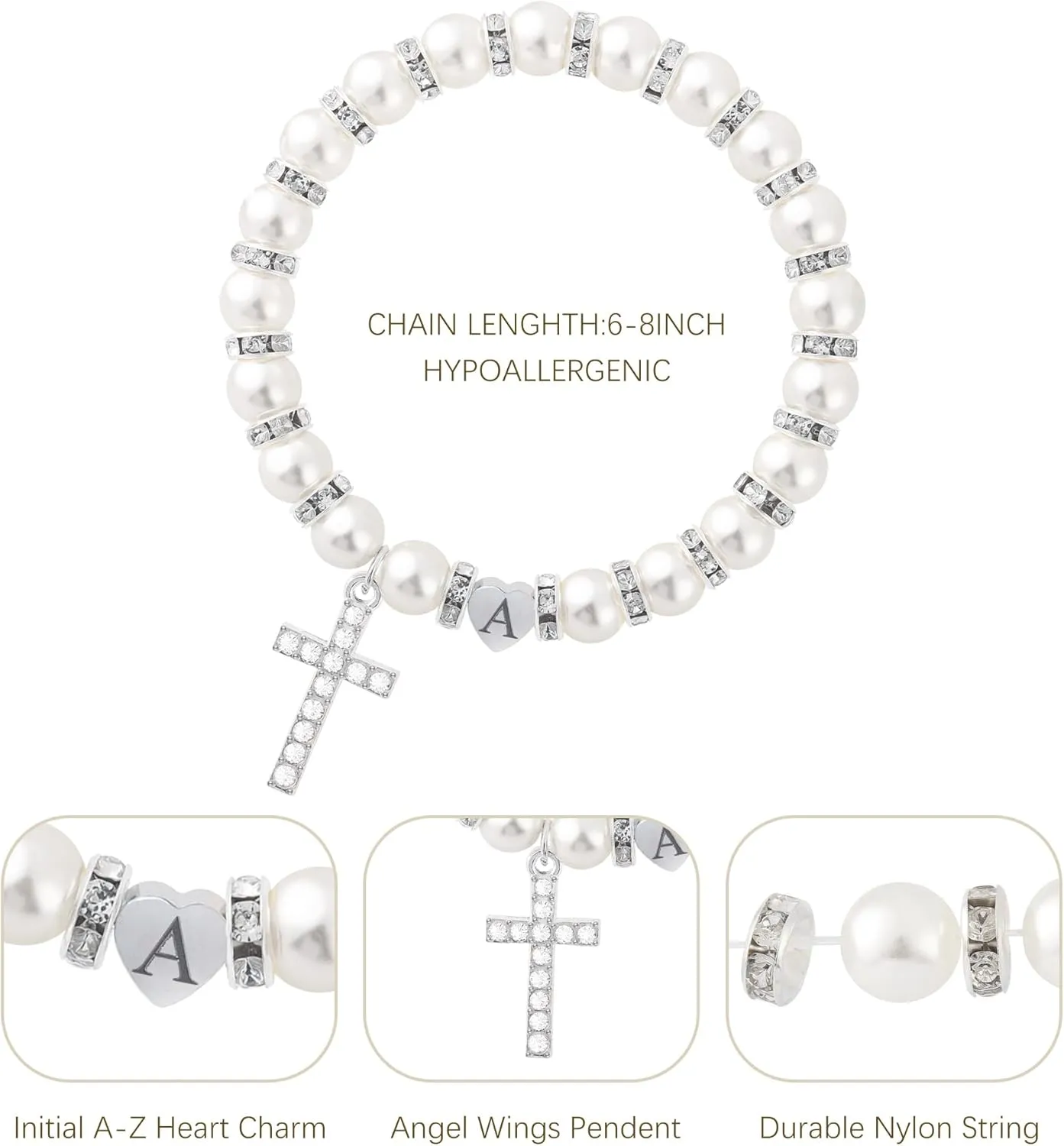 BAYLAY First Communion Gifts for Girls, Cross Bracelet Pearl Letter A-Z Initial Bracelet First Communion Bracelets 1ST Holy Communion Gifts for Girl Catholic