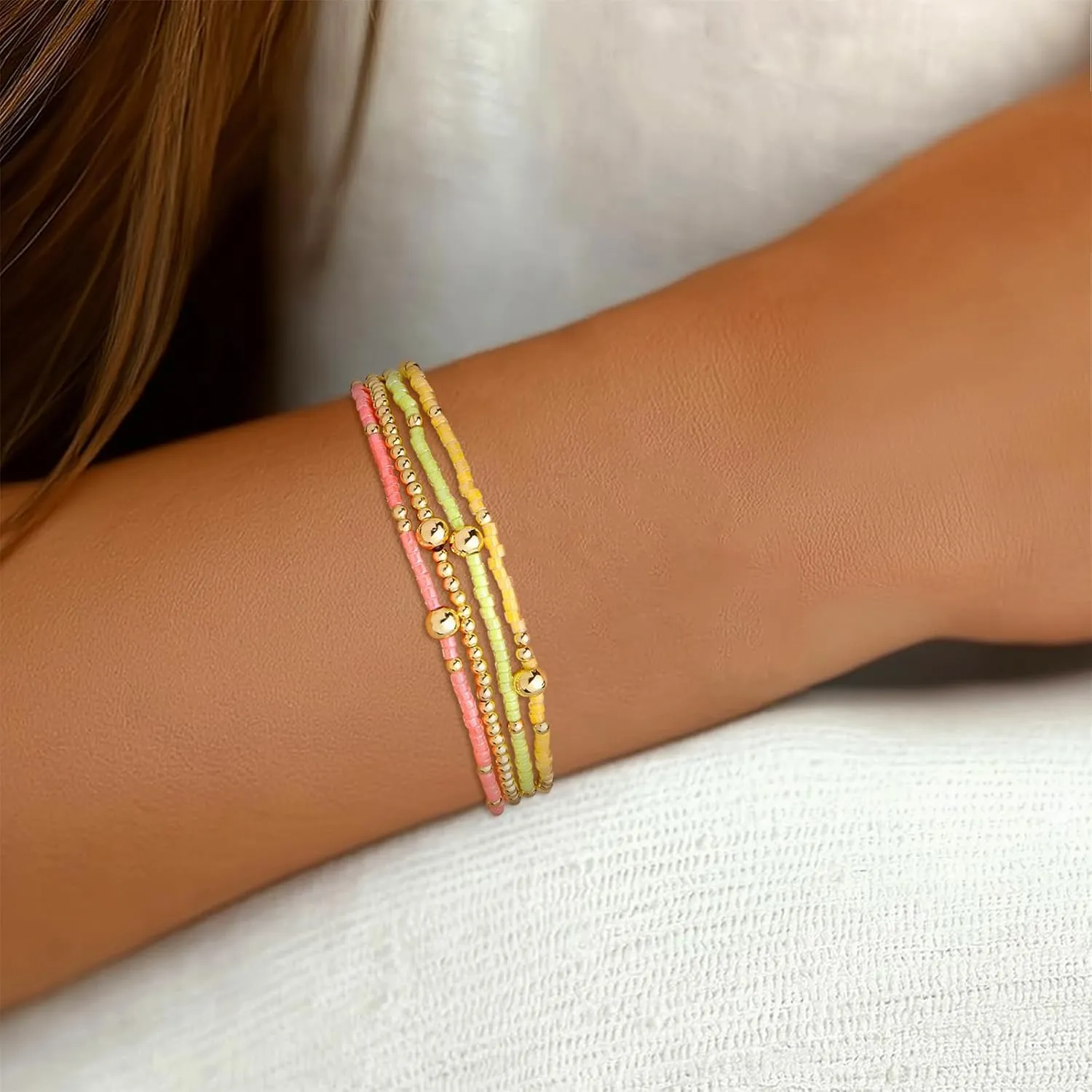 Bead Bracelet Stack Set for Women, 4pcs Trendy Handmade Adjustable Gemstone Beaded Elastic Stretch Bracelet Friendship Fashion Jewelry Gift.