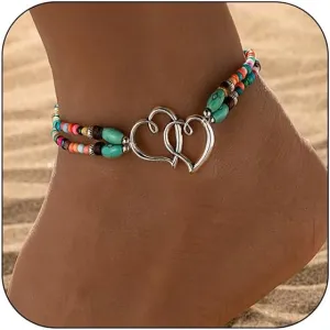 Beaded Ankle Bracelet for Women Double Layered Elastic Beaded Anklet Bracelets Double Hollow Hearts Stretch Waterproof Anklet Dainty Boho Turquoise Foot Bracelet Summer Beach Jewelry for Women