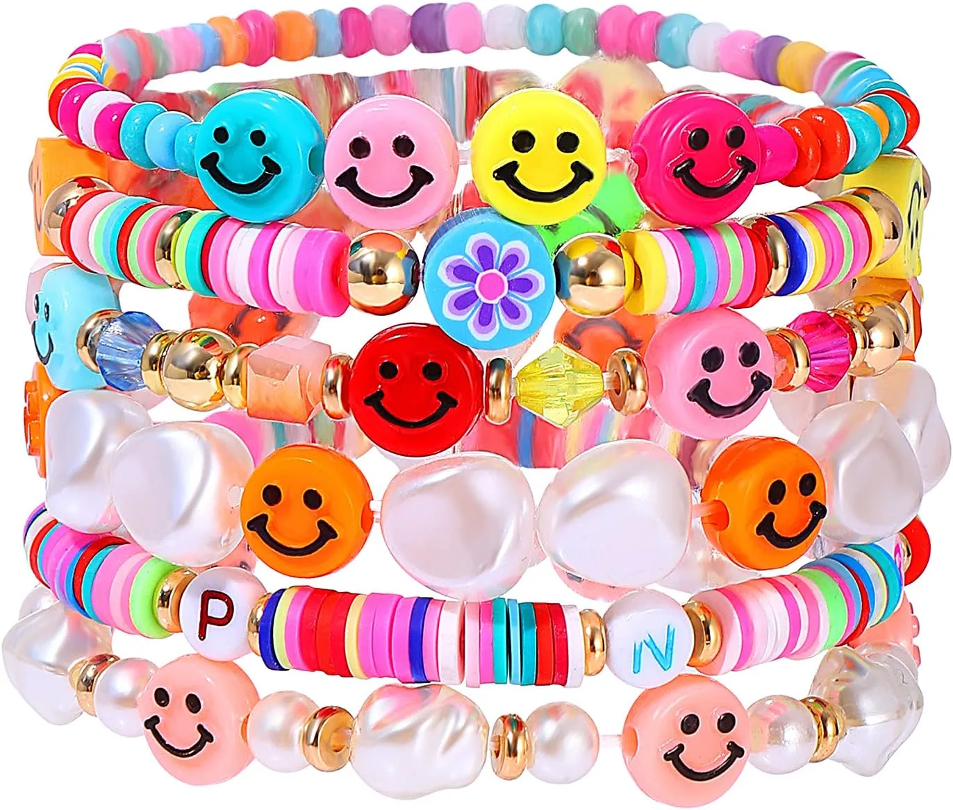 Beaded Bracelet Set Stack Colorful Happy Face Charm Pearl Heishi Beaded Stretchy Bracelet Summer Beach Bracelet Jewelry
