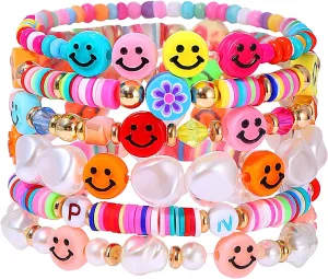 Beaded Bracelet Set Stack Colorful Happy Face Charm Pearl Heishi Beaded Stretchy Bracelet Summer Beach Bracelet Jewelry