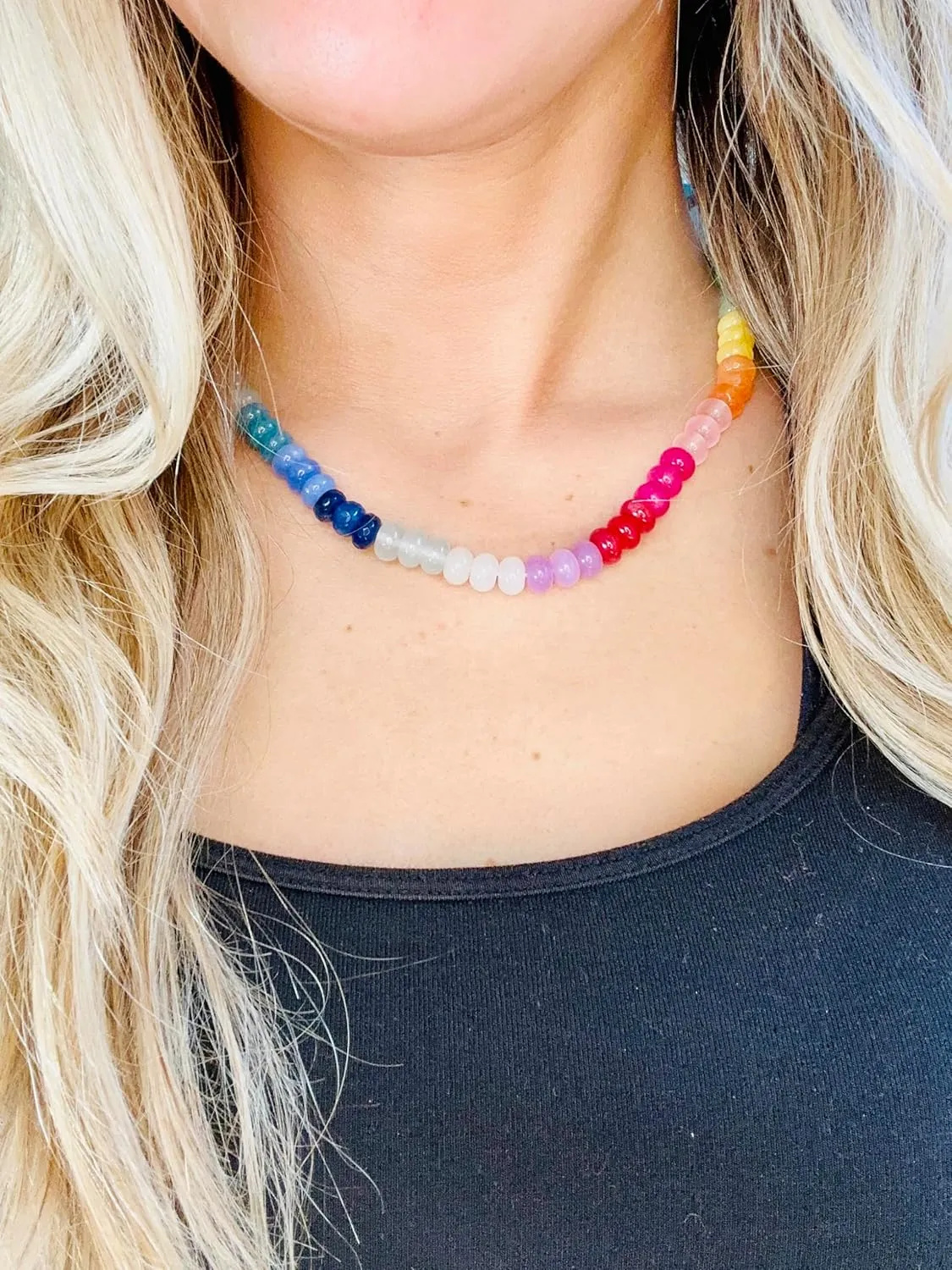 Beaded Gemstone Necklace - Colorful Natural Stone - 16in   4in extender (Rainbow)