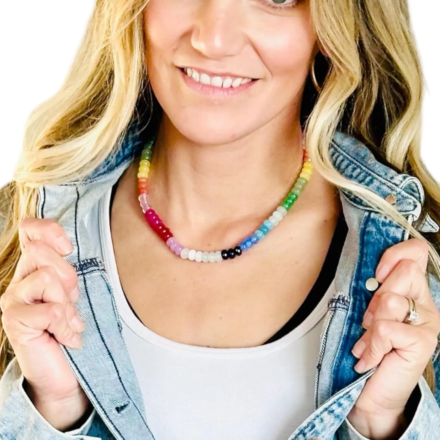 Beaded Gemstone Necklace - Colorful Natural Stone - 16in   4in extender (Rainbow)