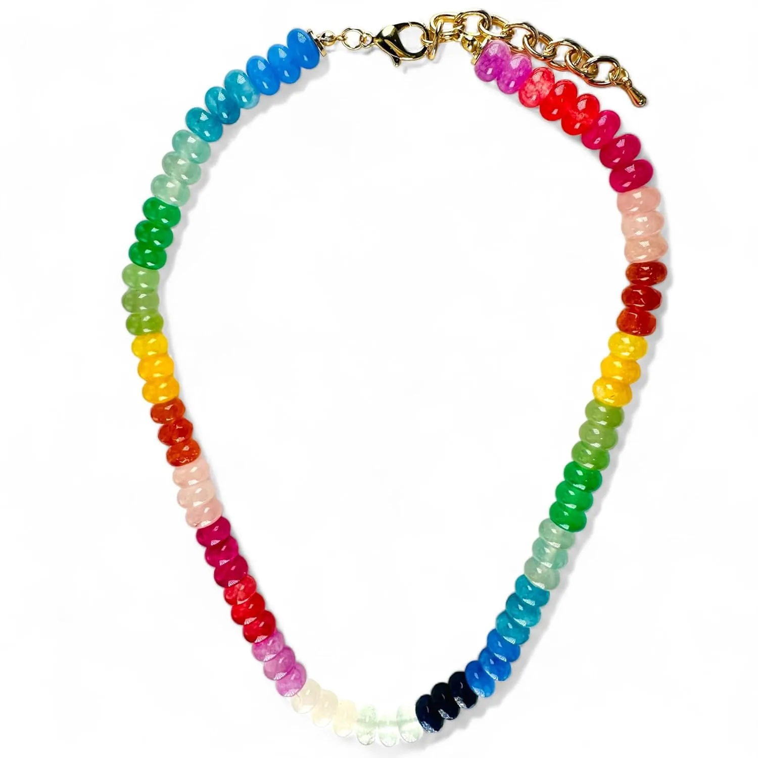 Beaded Gemstone Necklace - Colorful Natural Stone - 16in   4in extender (Rainbow)