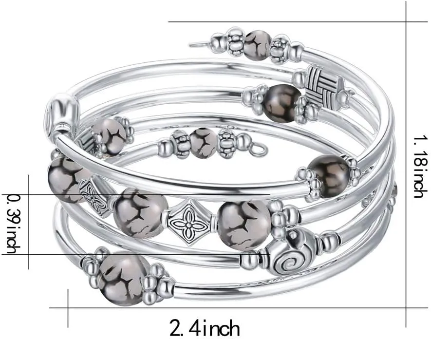Beaded Pearl Bangle Wrap Bracelet - Fashion Bohemian Jewelry Multilayer Charm Bracelet with Thick Silver Metal Beads, Gift For Women
