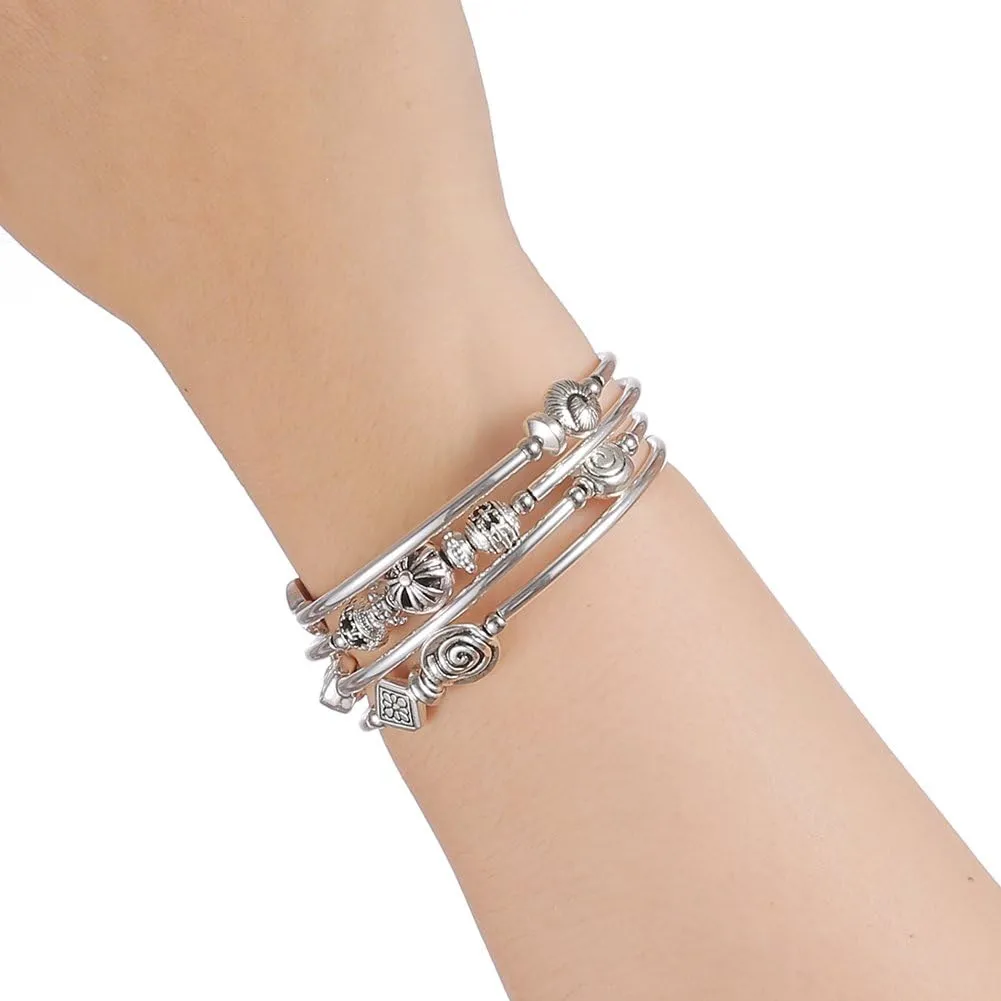 Beaded Pearl Bangle Wrap Bracelet - Fashion Bohemian Jewelry Multilayer Charm Bracelet with Thick Silver Metal Beads, Gift For Women