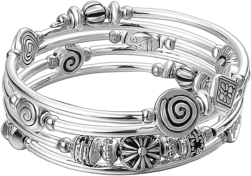 Beaded Pearl Bangle Wrap Bracelet - Fashion Bohemian Jewelry Multilayer Charm Bracelet with Thick Silver Metal Beads, Gift For Women