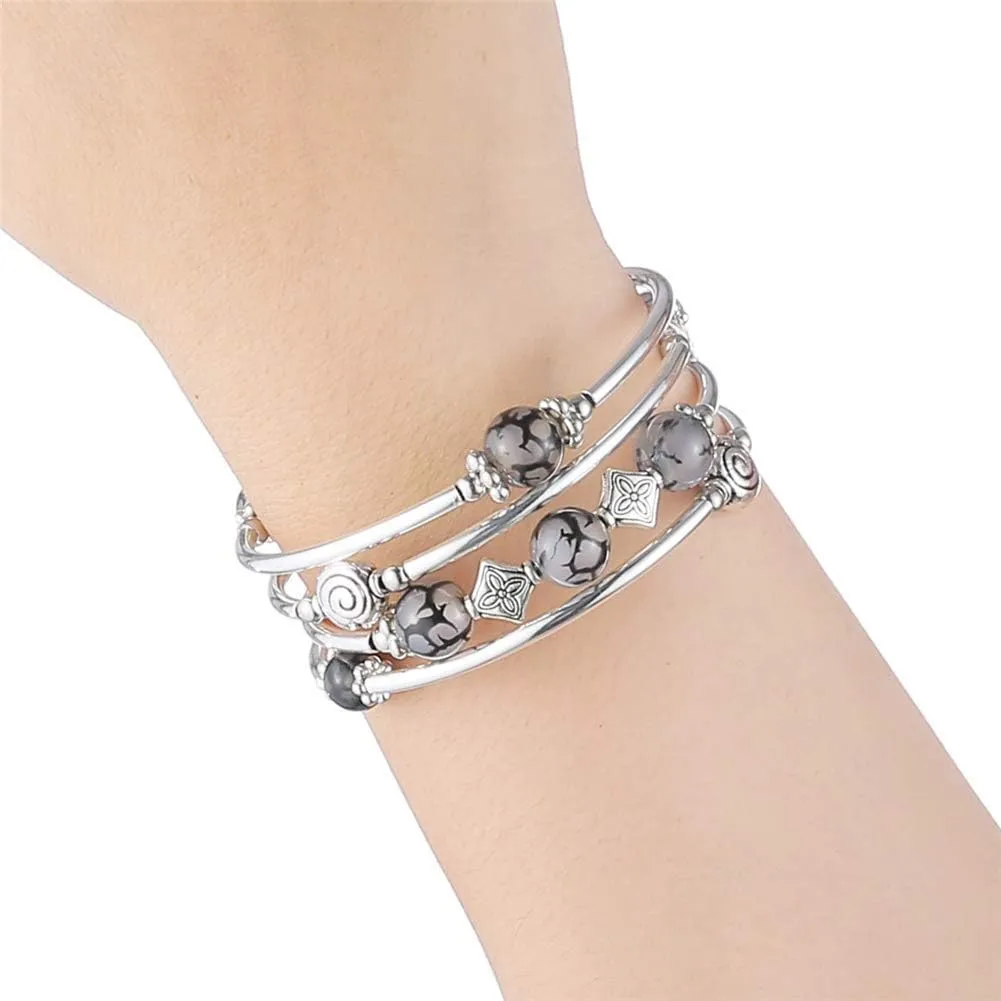 Beaded Pearl Bangle Wrap Bracelet - Fashion Bohemian Jewelry Multilayer Charm Bracelet with Thick Silver Metal Beads, Gift For Women